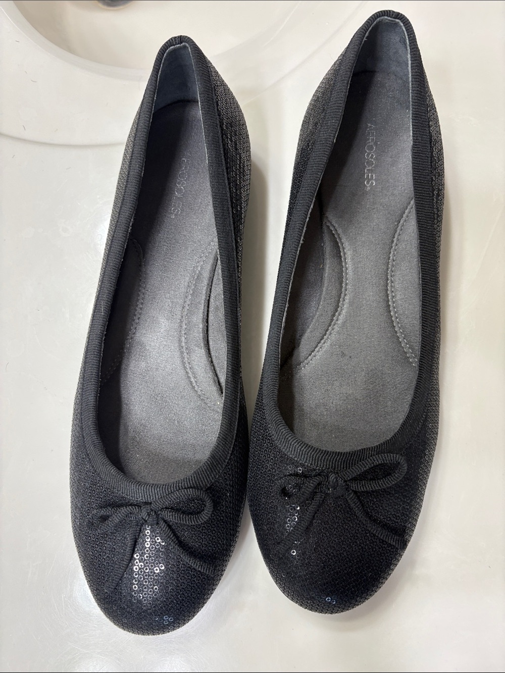 AEROSOLES Black Sequin Bow Ballet Flats